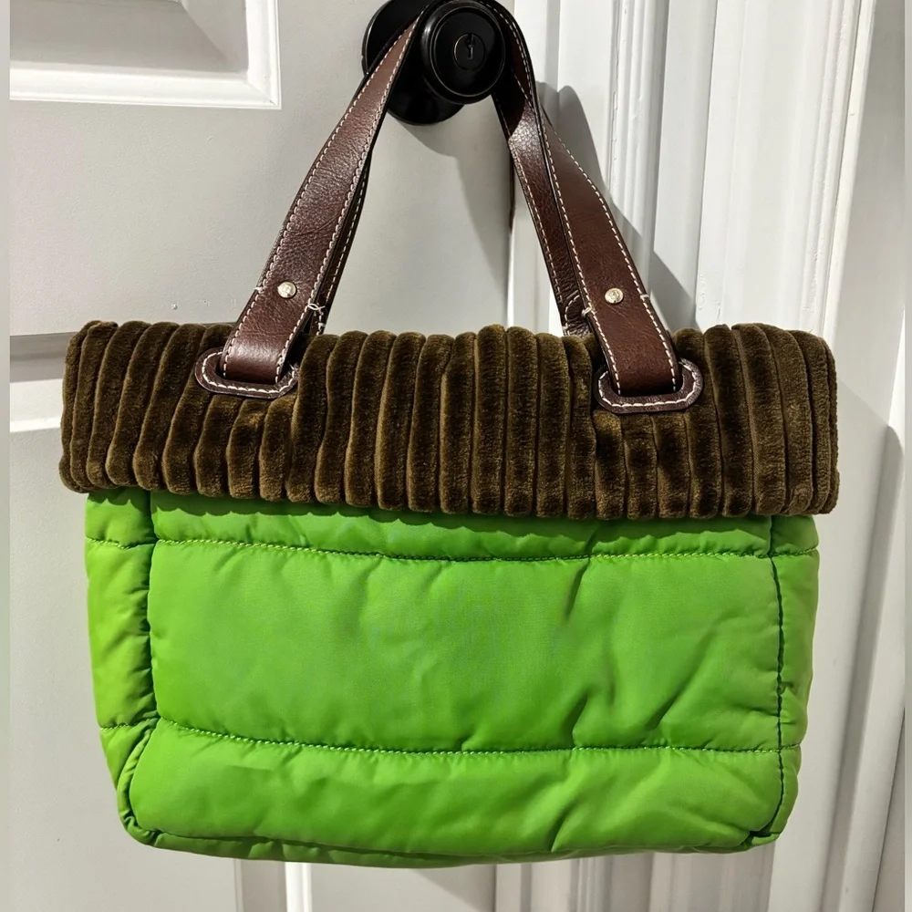 Vintage Kate Spade NY Green Quilted Nylon Bag Brown Corduroy Trim Y2K Purse